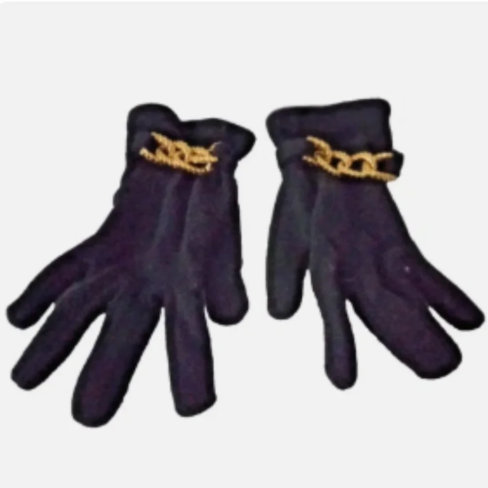 Vintage Grandoe Wool Angora Dress Gloves Black Gold Chain Women's Size A